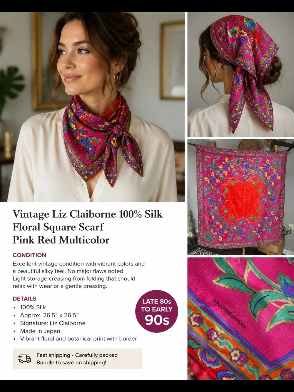 Vintage Liz Claiborne 100% Silk Floral Square Scarf Pink Red Multicolor